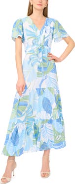 Vince Camuto Print Flutter Sleeve Tiered Maxi Dress