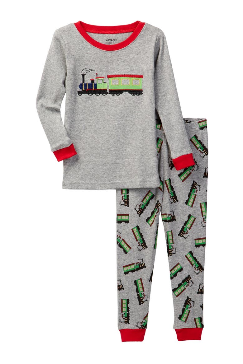 Kids Cotton Two-Piece Printed Pajamas, Vehicles & Machines, Main, color, GREY & RED TRAIN