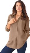 Roaman's Plus Size Kate Long Sleeve Easy Cotton-Blend Button-Front Shirt