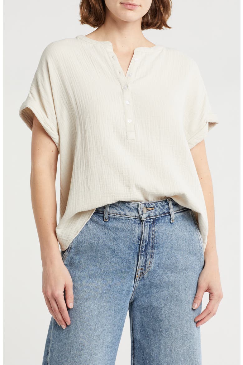 Cotton Gauze Henley Top, Main, color, BEIGE RAINY DAY
