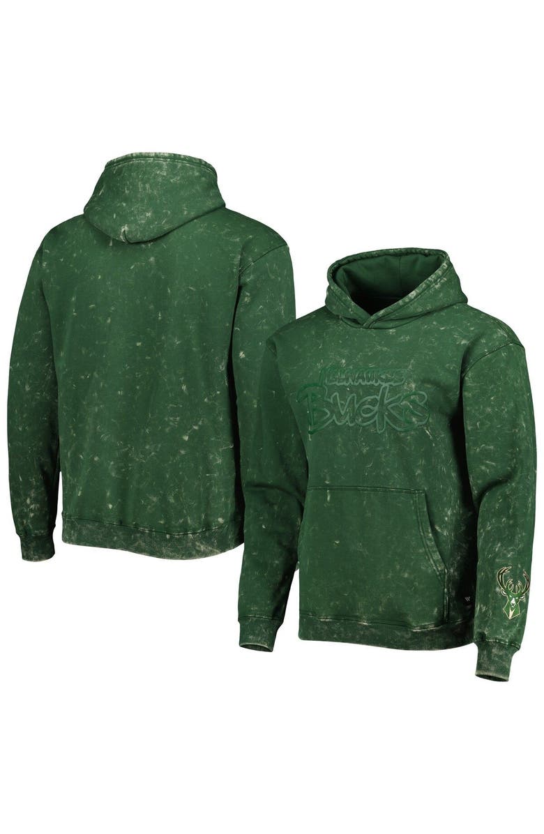 THE WILD COLLECTIVE Unisex The Wild Collective Hunter Green Milwaukee Bucks Tonal Acid Wash Pullover Hoodie, Alternate, color, Hunter Green