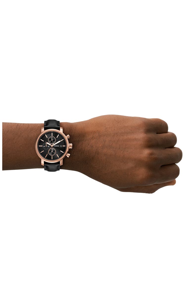 Rhett Leather Strap Watch, 43mm, Alternate, color, BLACK