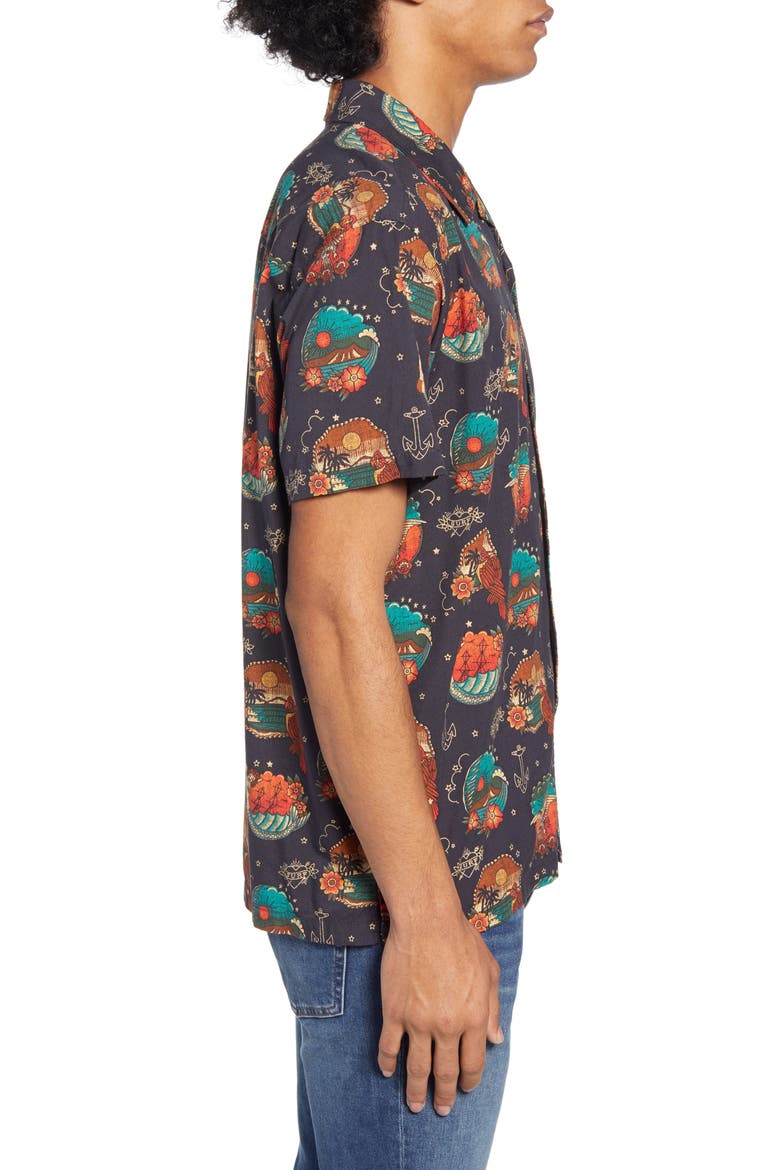 Trop Flash Short Sleeve Button-Up Camp Shirt, Alternate, color, BLACK