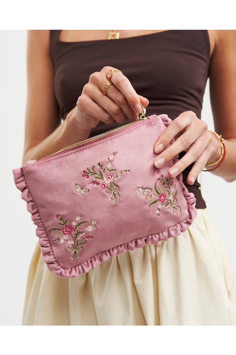 Floral Posy Velvet Embroidered Medium Pouch, Alternate, color, Rose Pink