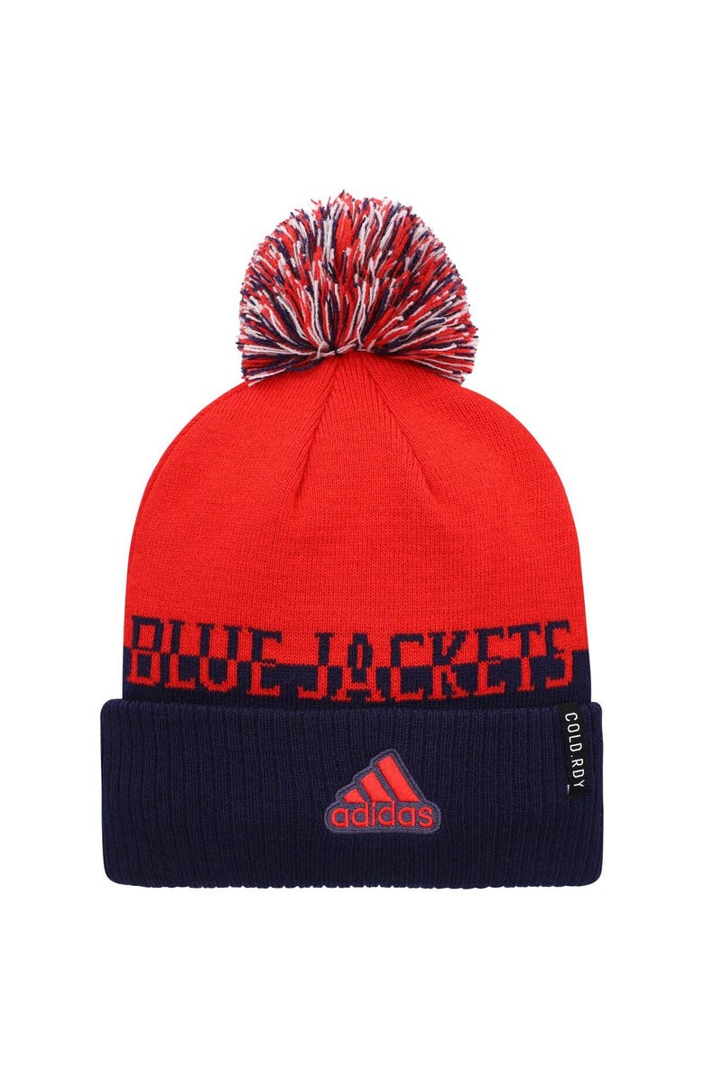 adidas Men's adidas Red/Navy Columbus Blue Jackets COLD.RDY Cuffed Knit Hat with Pom, Alternate, color,