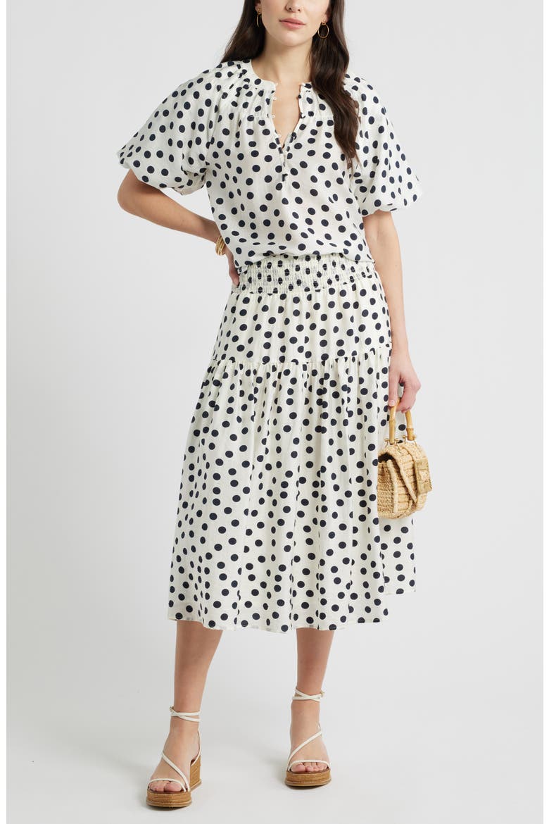 Tiered Print Midi Skirt, Alternate, color, IVORY- NAVY ANNIE DOT
