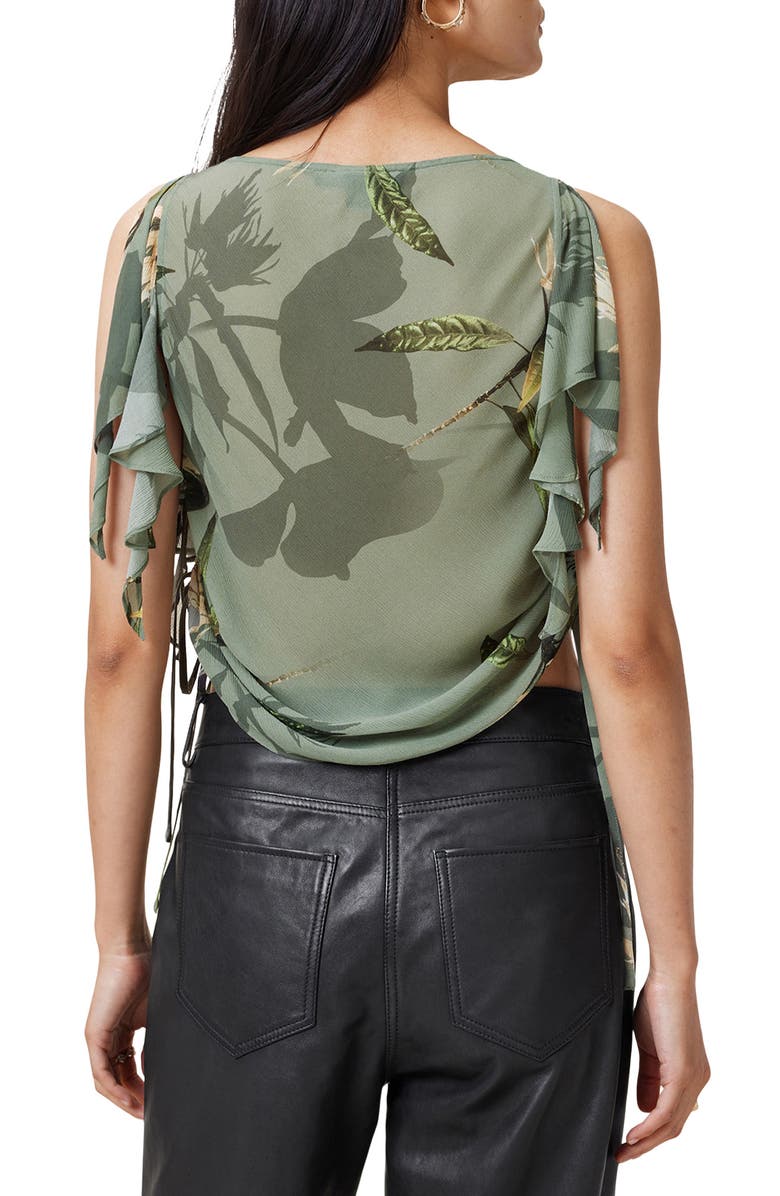 AllSaints Bettie Botanical Print Sleeveless Ruched Top, Alternate, color, Emerge Olive Green