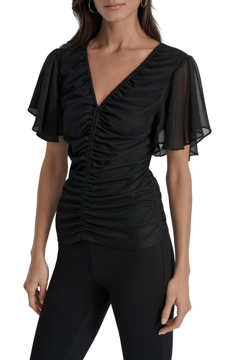 DKNY Ruched V-Neck Shirt, Main, color, Black