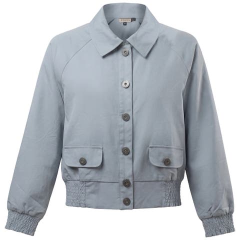 Smocked Button-Front Raglan Bomber Jacket