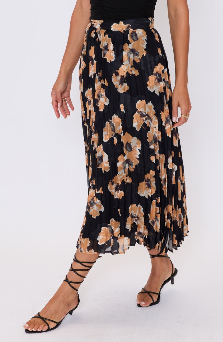 VICI Collection Zora Floral Pleated Midi Skirt, Alternate, color, Black Floral