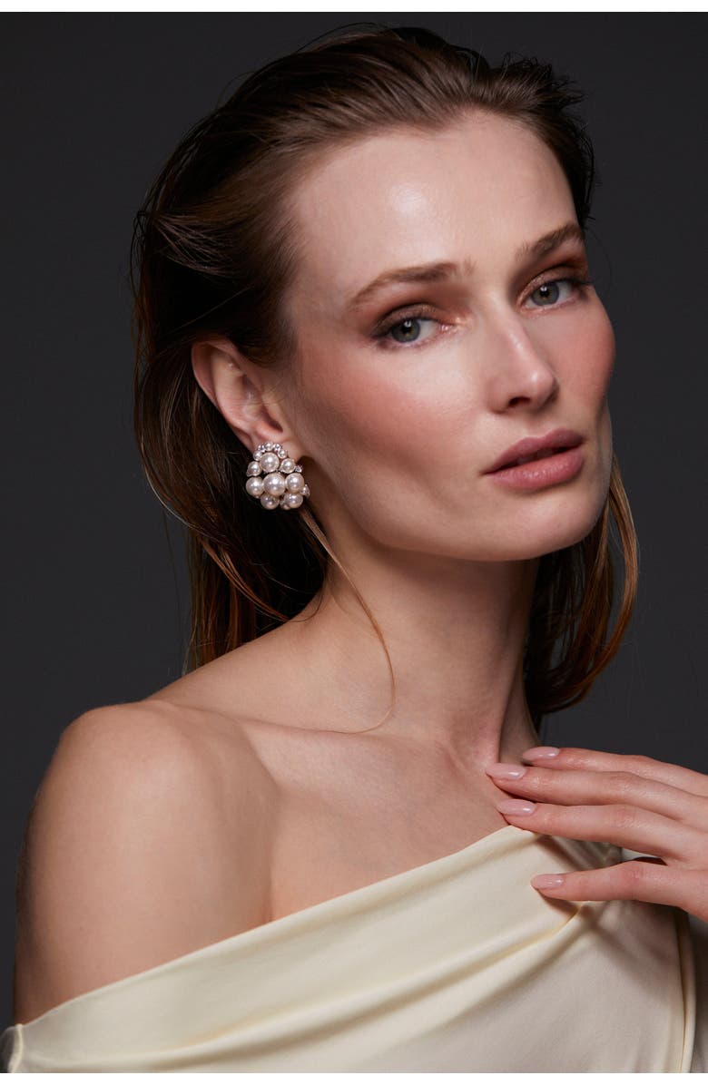 Nadri Ingrid Pearl And CZ Cluster Shield Earrings, Alternate, color, 