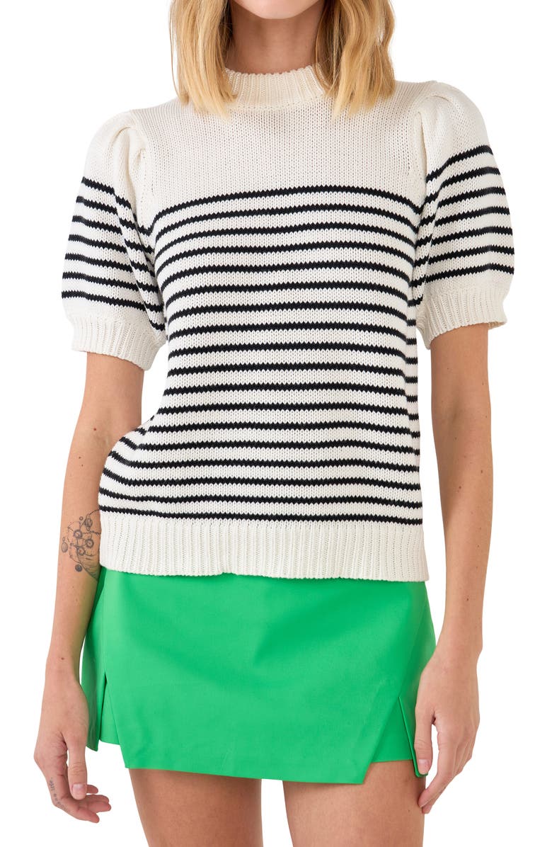 English Factory Stripe Short Puff Sleeve Sweater, Alternate, color, 