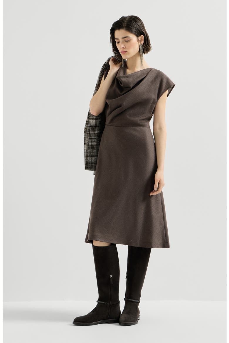 Virgin wool diagonal flannel wrap-effect dress with monili, Alternate, color, Pine Cone Brown