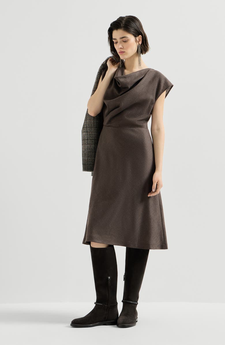 Brunello Cucinelli Virgin wool diagonal flannel wrap-effect dress with monili, Alternate, color, Pine Cone Brown