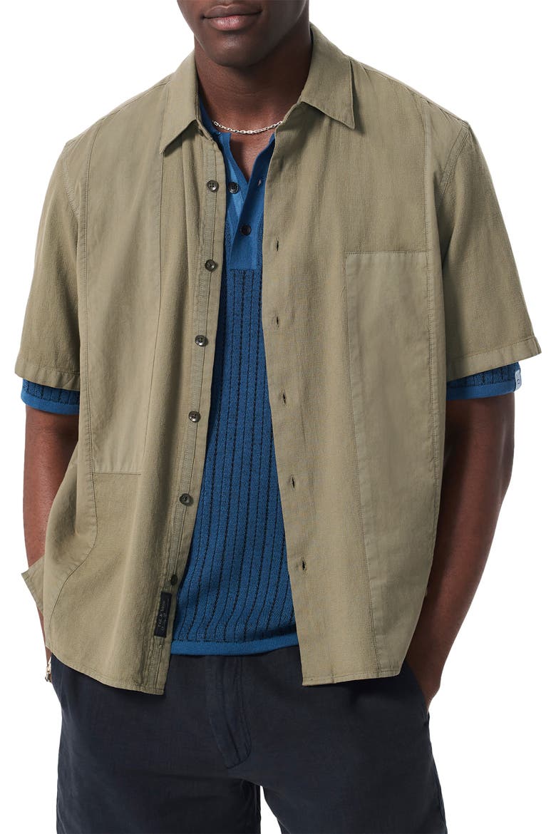 Dalton Mixed Media Patchwork Short Sleeve Button-Up Shirt, Main, color, BURNT OLIVE