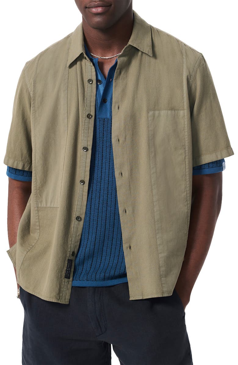 rag & bone Dalton Mixed Media Patchwork Short Sleeve Button-Up Shirt, Main, color, Burnt Olive