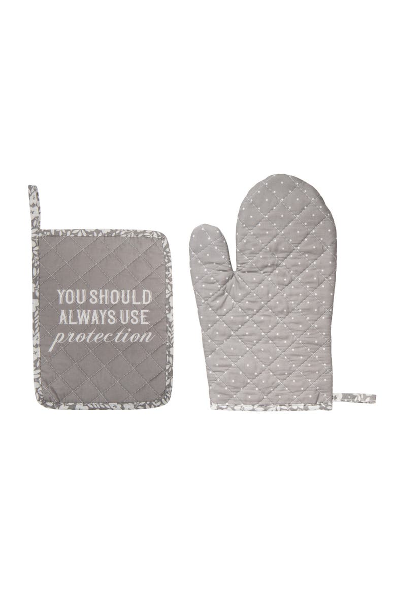 Protection Pot Holder & Oven Mitt Set of 2 Cotton Grey, Main, color, Grey