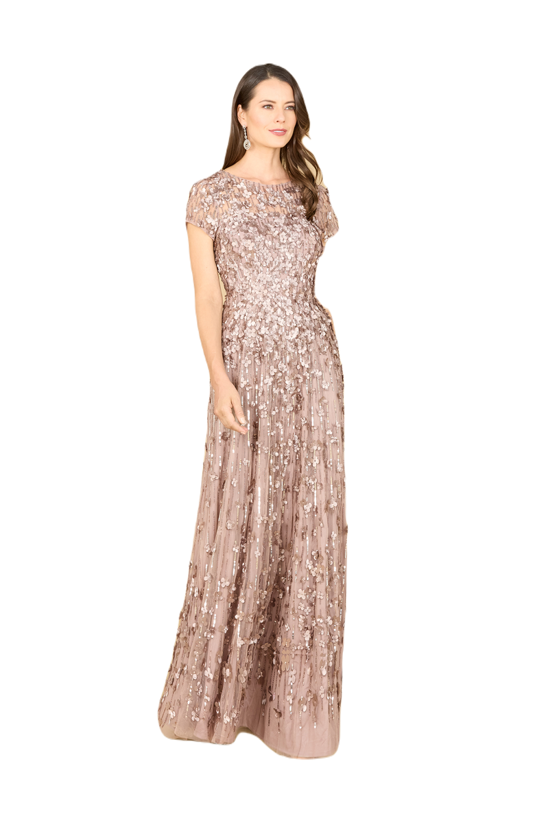 LARA New York 3D Floral Embellished Cap Sleeve Gown, Main, color, Darktaupe