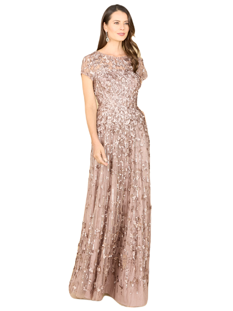 3D Floral Embellished Cap Sleeve Gown