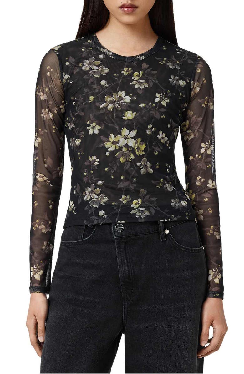 AllSaints Ellie Floral Long Sleeve Mesh T-Shirt, Main, color, Vine Black