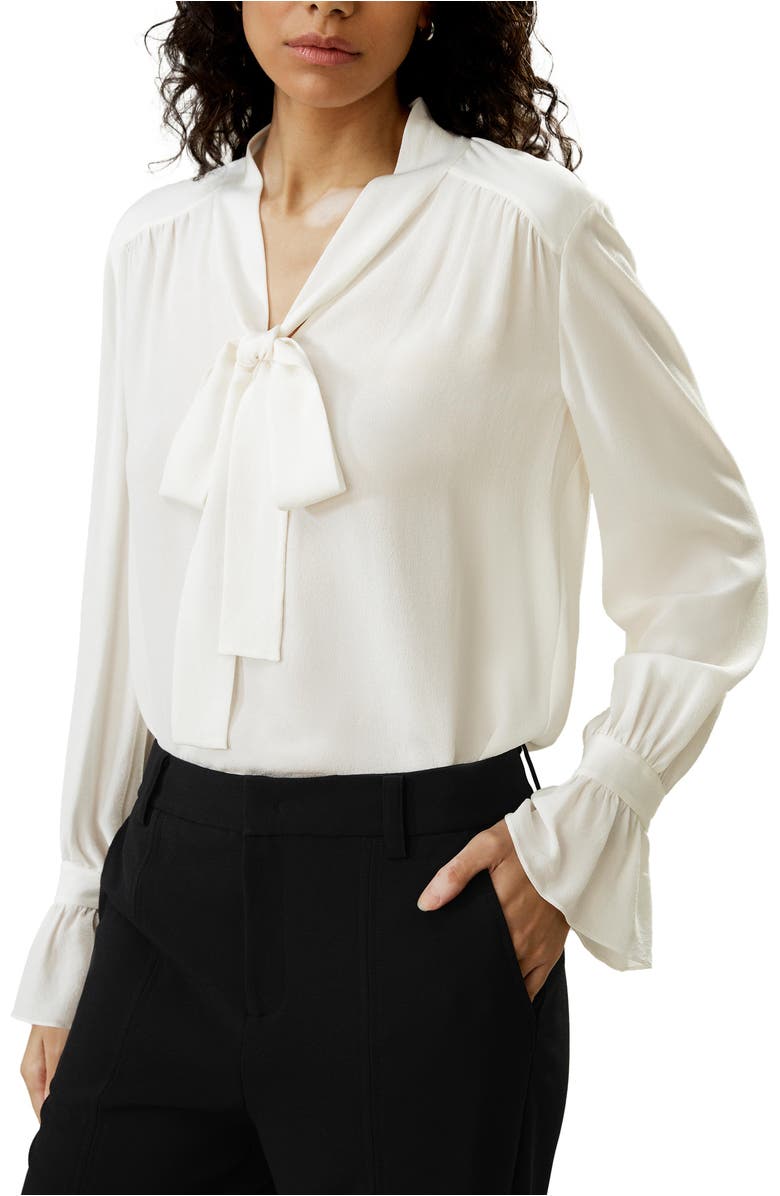 Lilysilk Silk V-neck Ribbon Blouse, Main, color, Natural White