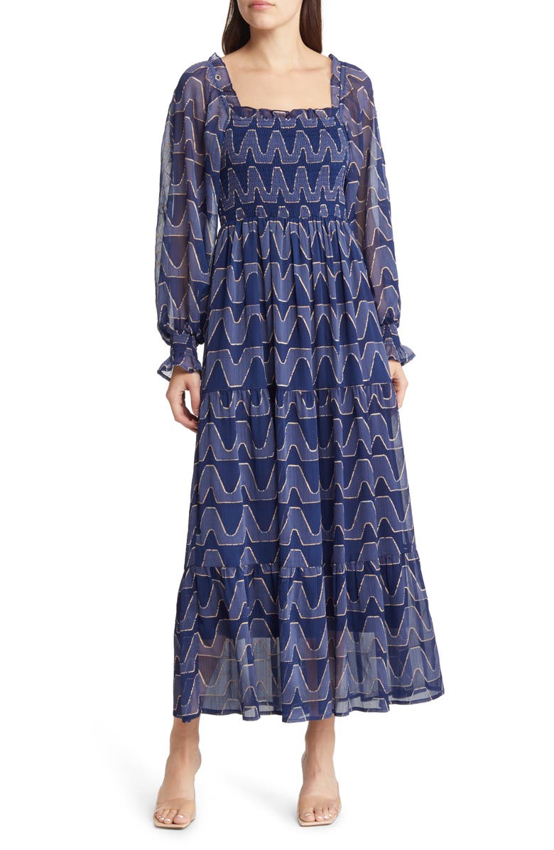 MOON RIVER Smocked Long Sleeve Tiered Maxi Dress, Main, color, 
