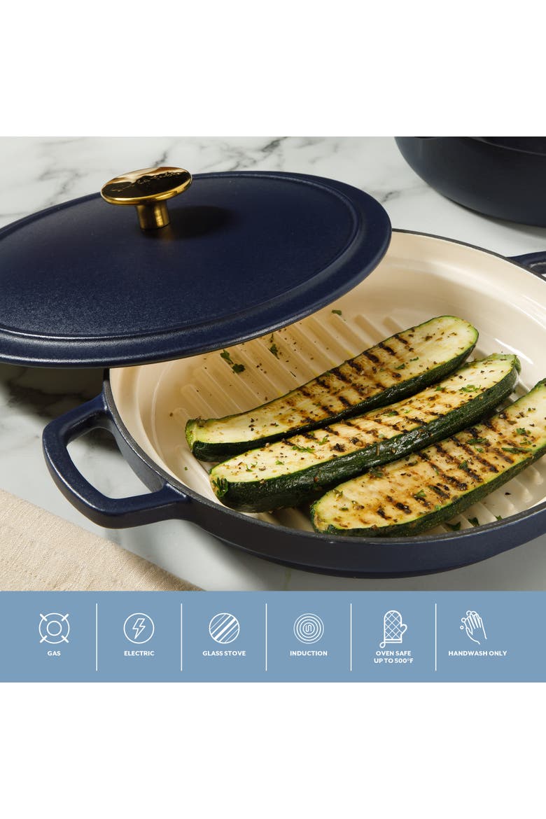 4-Piece Enameled Cast Iron Stackable Cookware Set Dutch Oven with Lid, Braiser and Grill Pan, Alternate, color, Navy Blue
