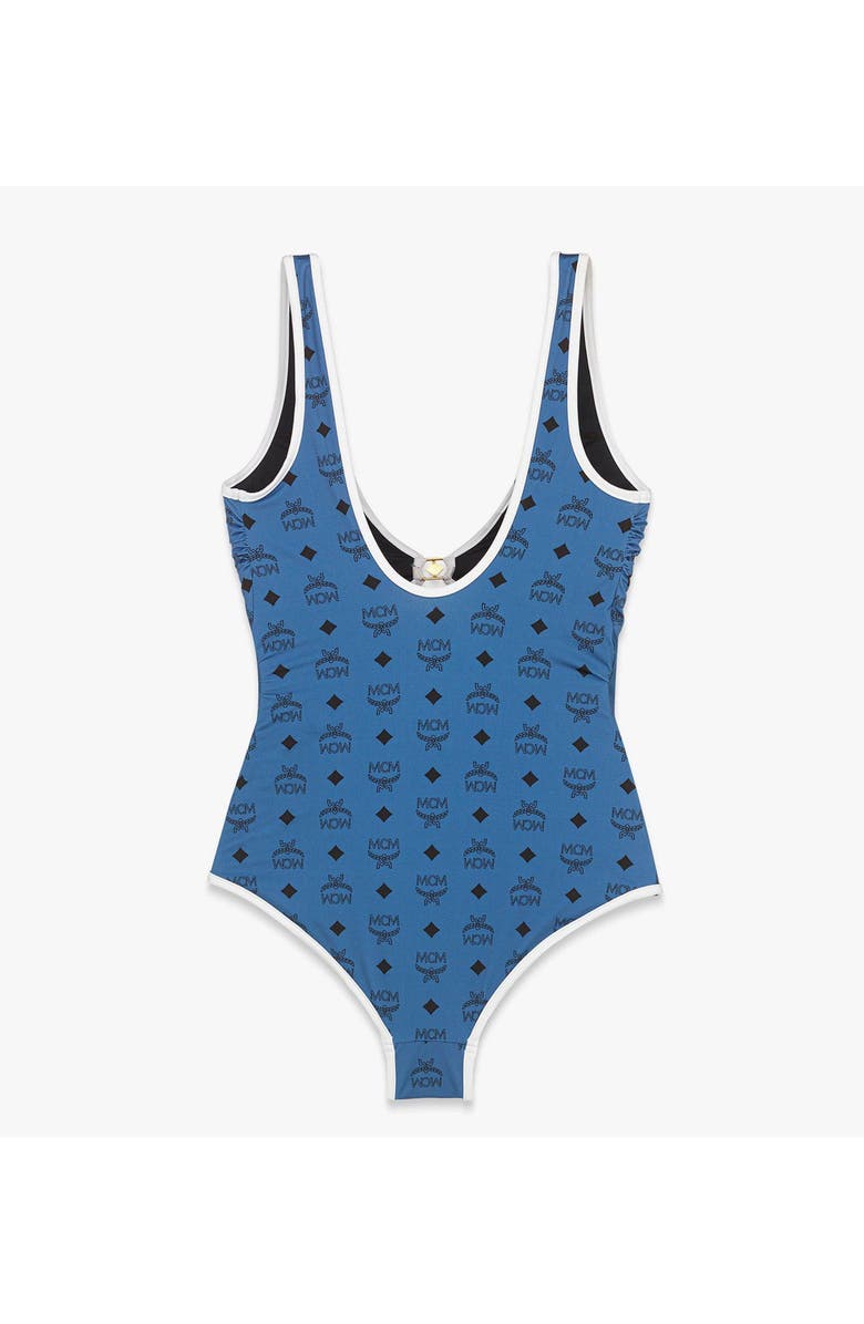 MCM Monogram Print Swimsuit, Alternate, color, New Munich Blue