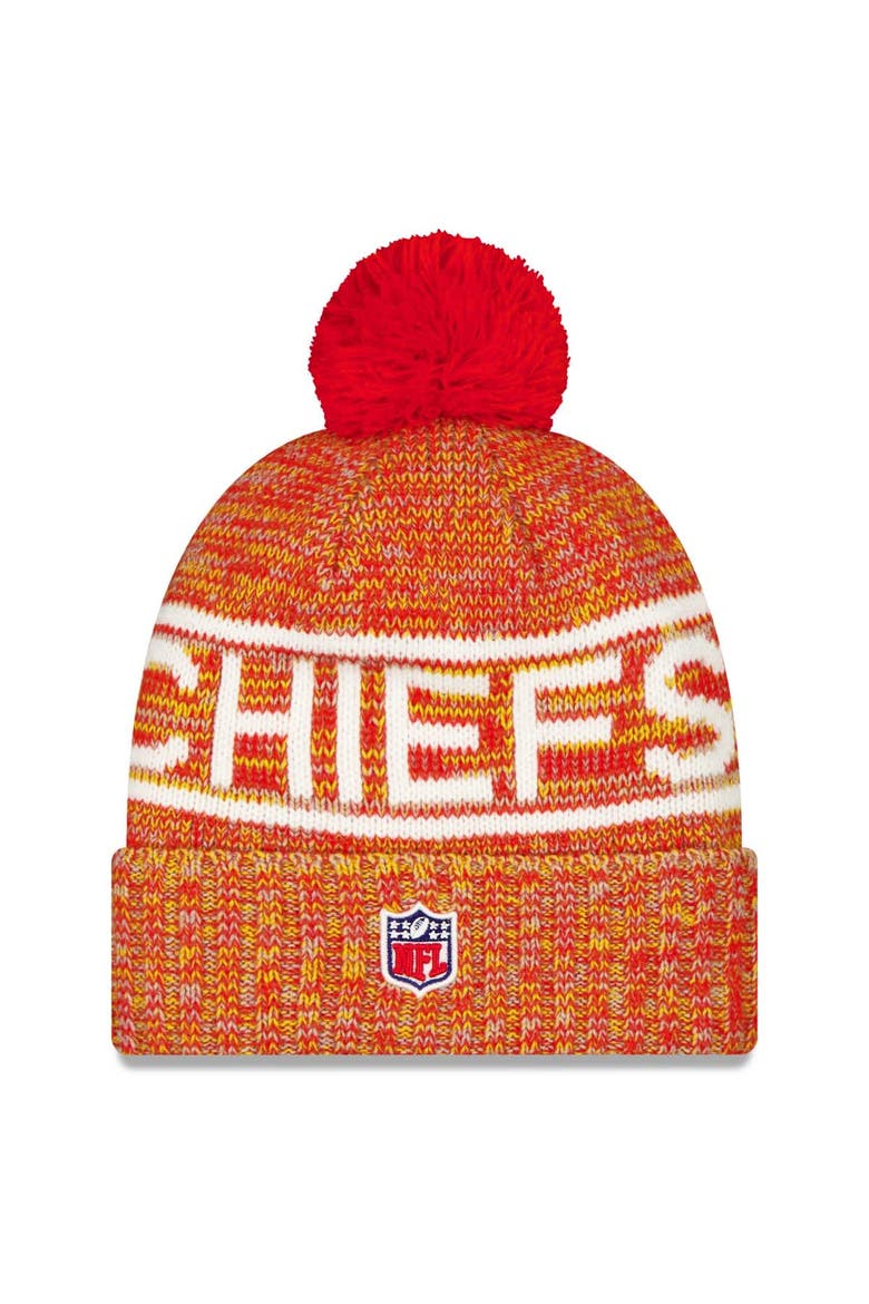 Men's New Era Red Kansas City Chiefs 2025 Sideline Cold Weather Cuffed Knit Hat with Pom, Alternate, color, Red