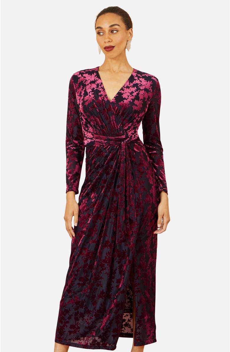 Yumi Velour Stretch Midi Dress, Alternate, color, Burgundy