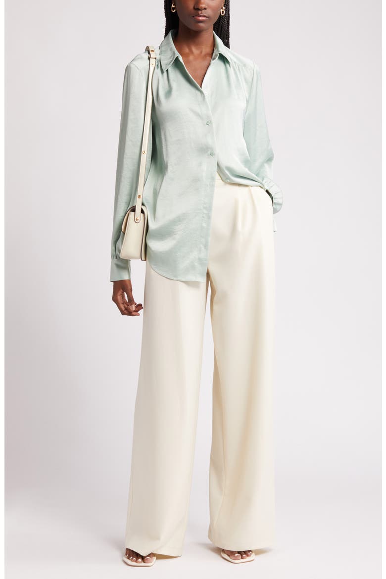 Textured Shirred Button-Up Shirt, Alternate, color, GREEN FONDANT