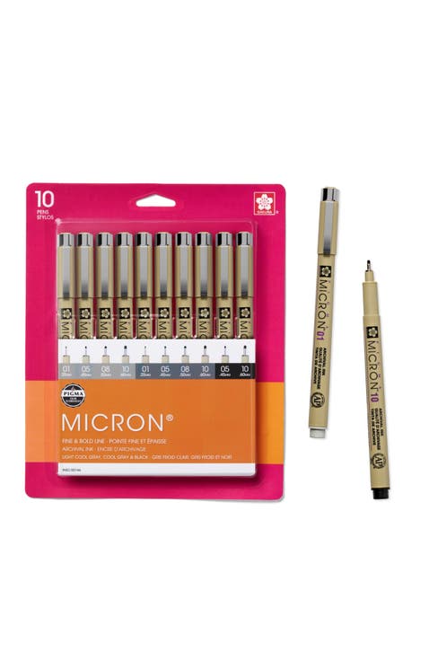 Pigma Micron Fineliner Pens, Black and Gray, Assorted Point, 10 Pack