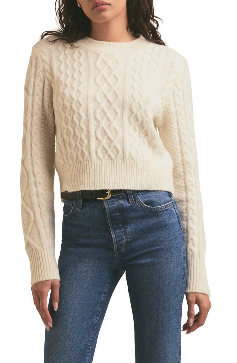 Favorite Daughter Wool & Cashmere Blend Cable Crewneck Sweater, Main, color, White Froth