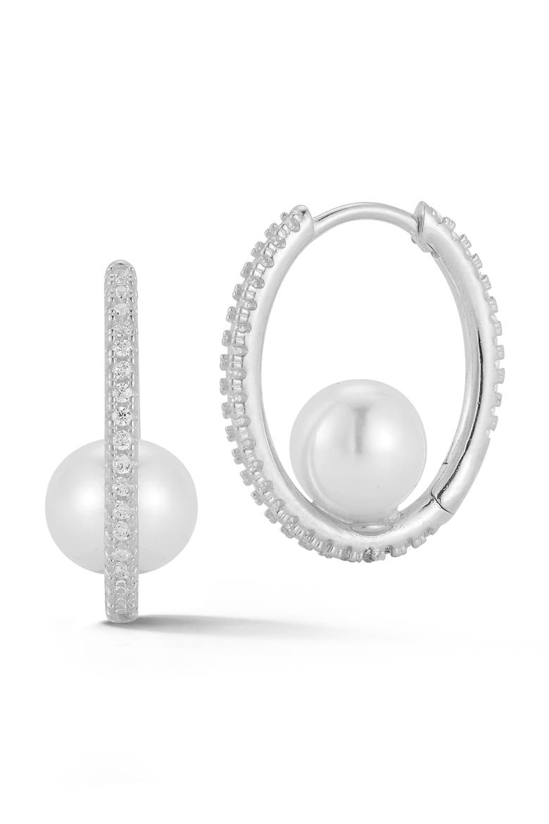 Cubic Zirconia Cultured Pearl Hoop Earrings, Main, color, SILVER