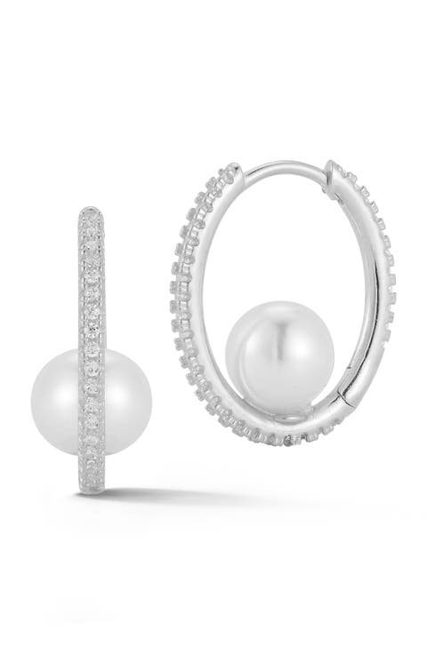 Cubic Zirconia Cultured Pearl Hoop Earrings