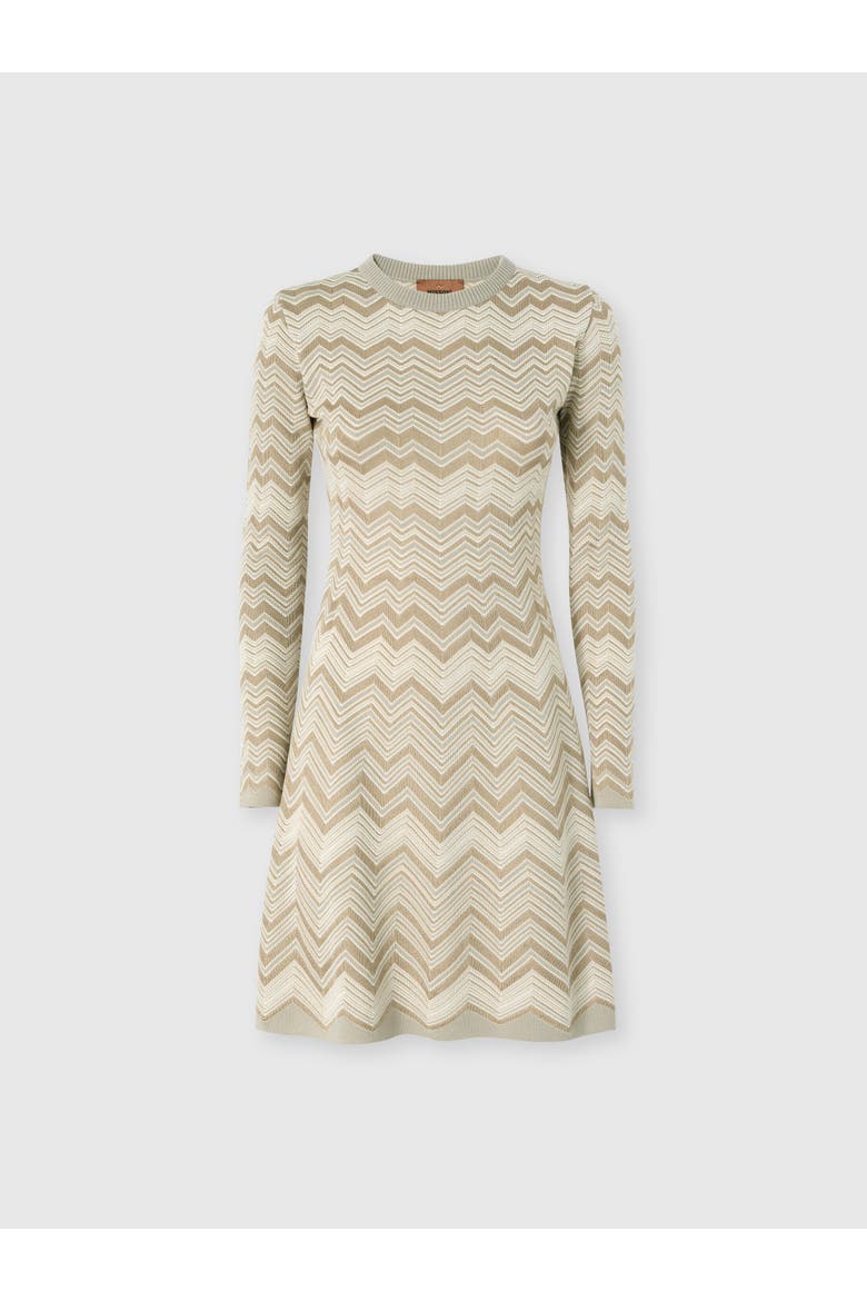 Zig Zag Viscose And Wool Crewneck Dress, Main, color, Beige