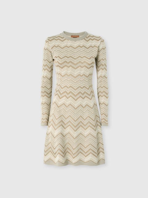 Zig Zag Viscose And Wool Crewneck Dress