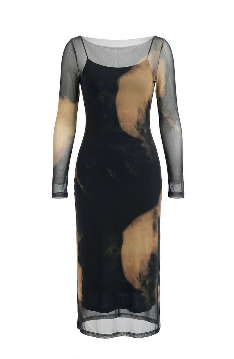 Modenaire Mesh Overlay Layered Set Midi Dress, Alternate, color, Black