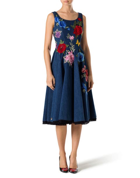 Crystal Patch Lace Trim Denim Dress Women