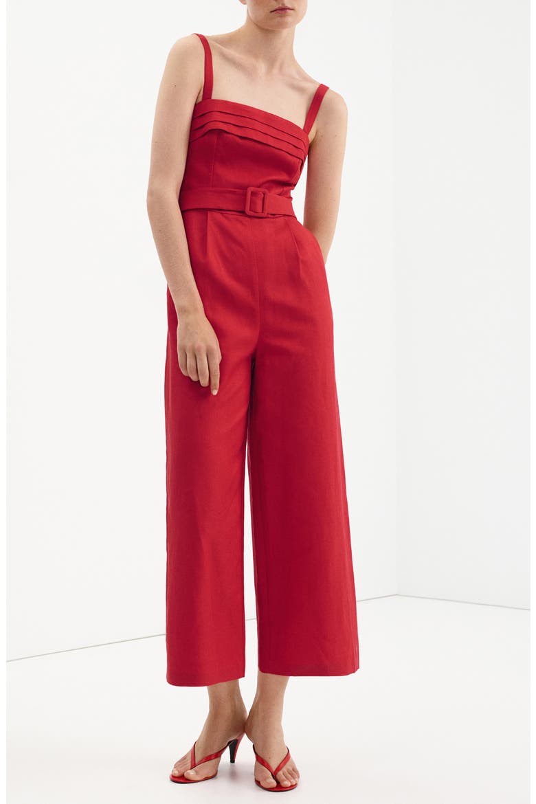 BELT LINEN JUMPSUIT, Main, color, RED