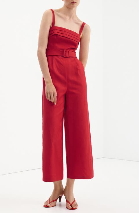 Pleated Linen Blend Jumpsuit with Belt
