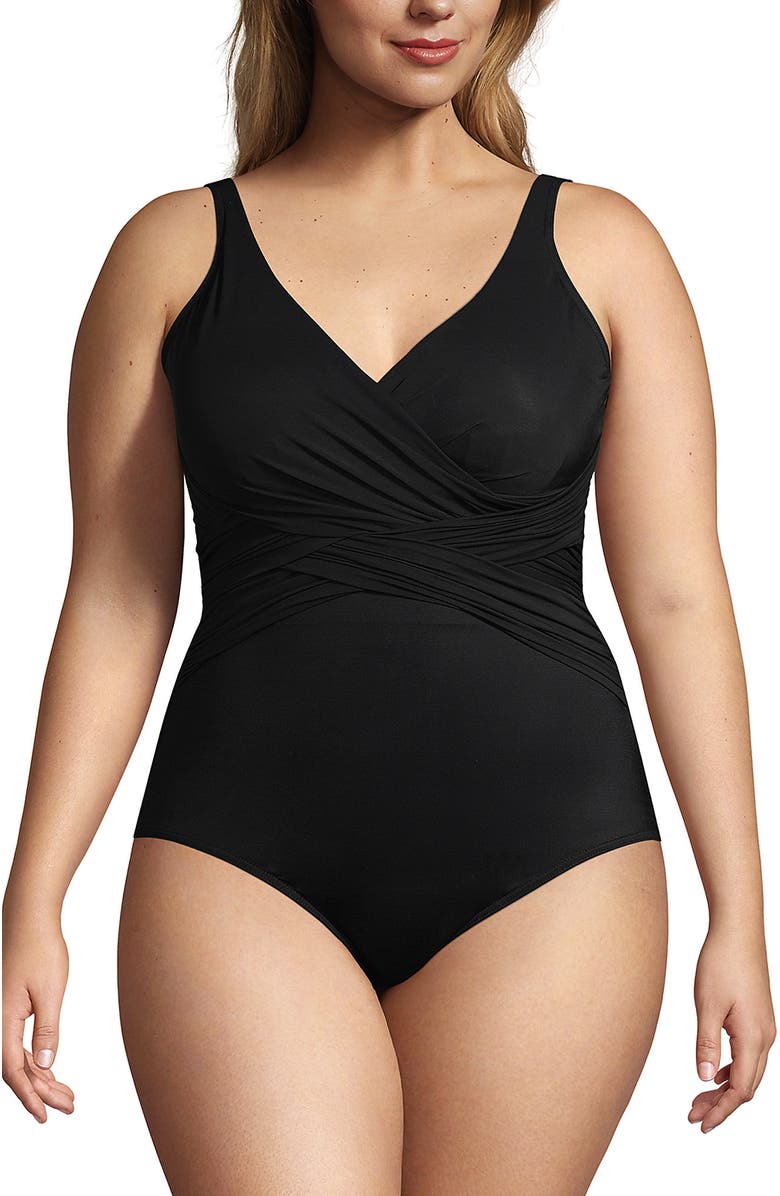 Lands' End SlenderSuit Wrap One Piece Swimsuit, Main, color, Black