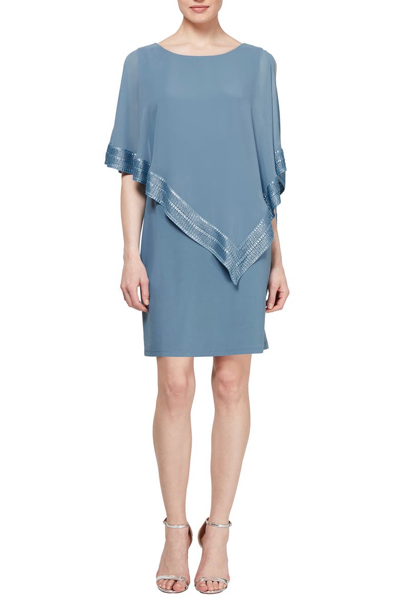 SL FASHIONS Foil Trim Asymmetrical Popover Capelet Sheath Dress, Main, color, Coronet/Silver