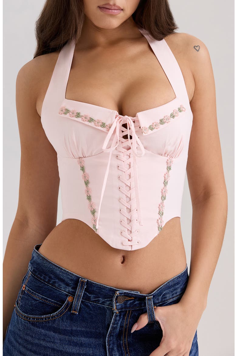 Demi Embroidered Tie Front Corset, Main, color, PINK