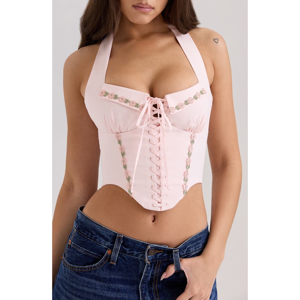 House Of Cb Demi Embroidered Tie Front Corset In Pink
