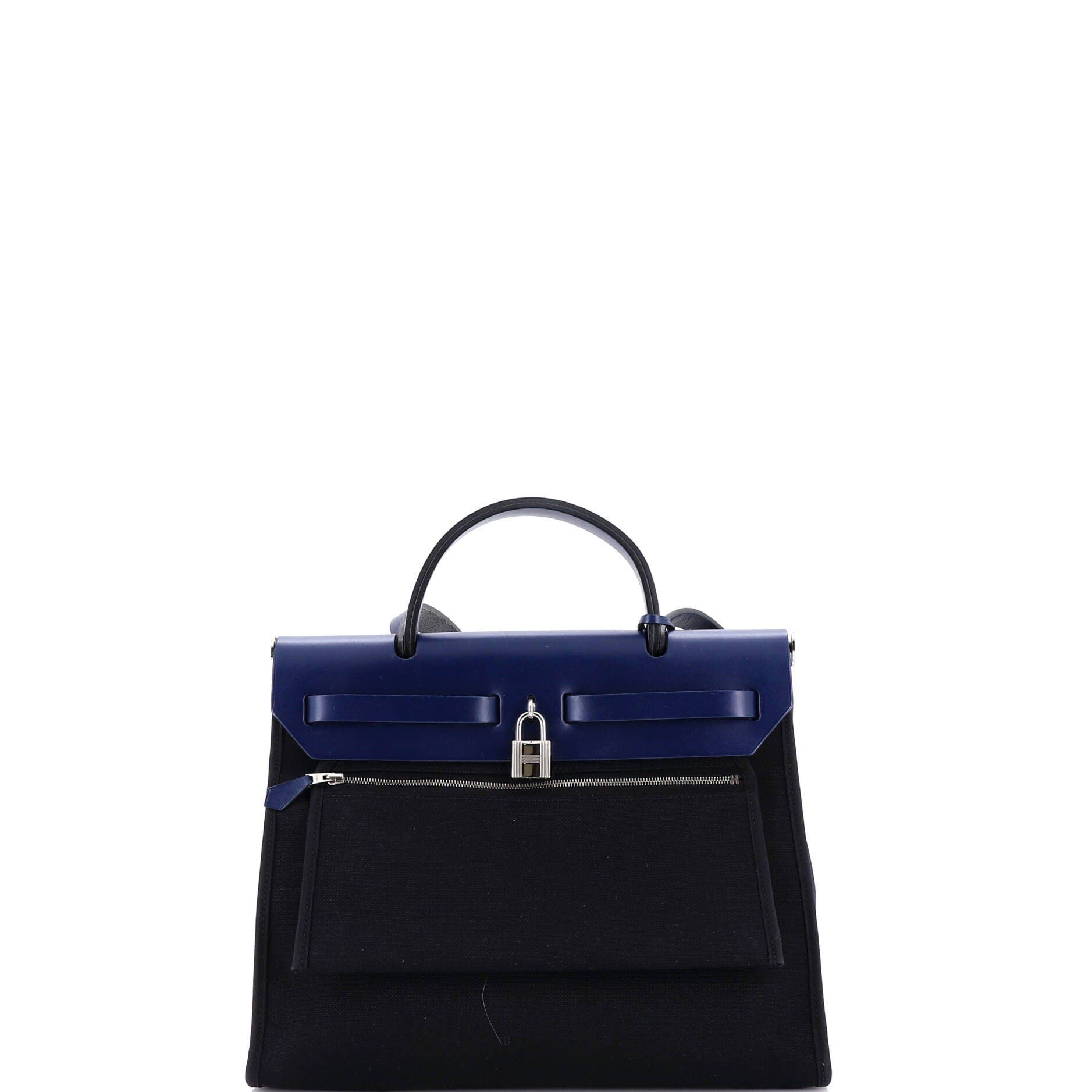 Pre-Owned Hermes Herbag Zip Leather and Toile 31, Alternate, color, Bleu Saphir