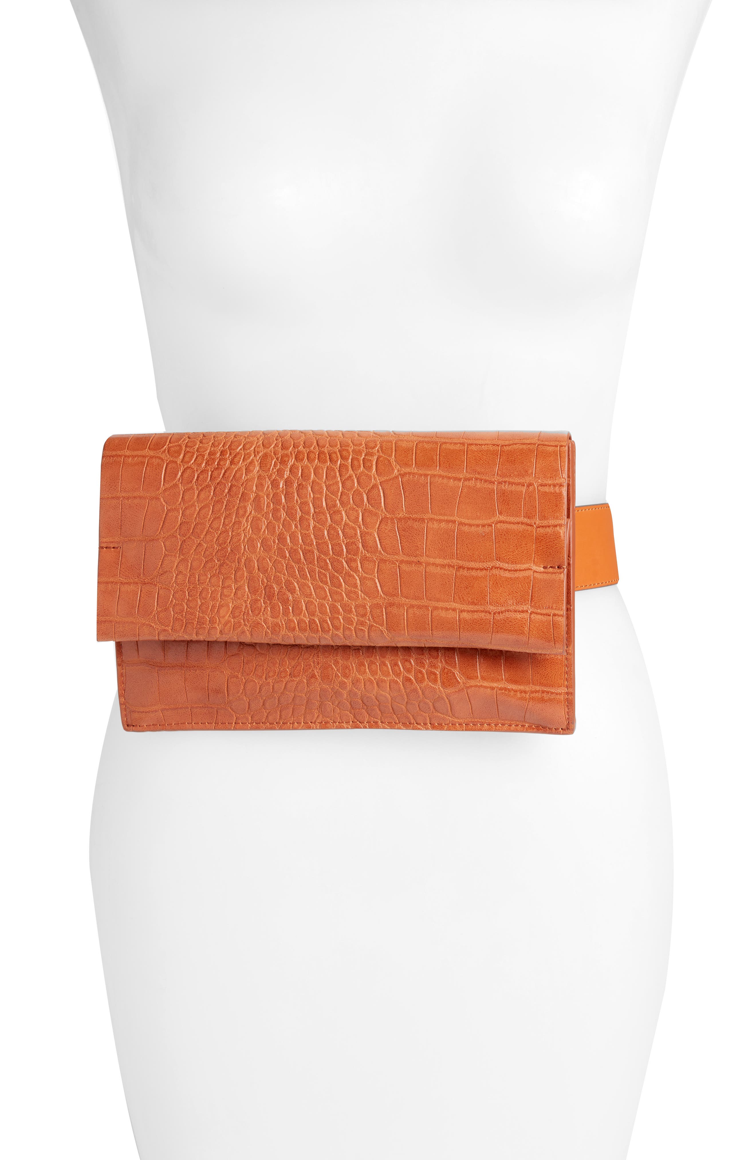 Croc Embossed Faux Leather Belt Bag, Main, color, TAN