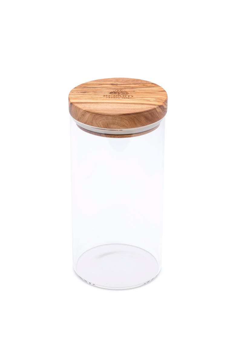 Berard Glass Storage Jar With Olive Wood Lid, 30-ounce, Main, color, Brown