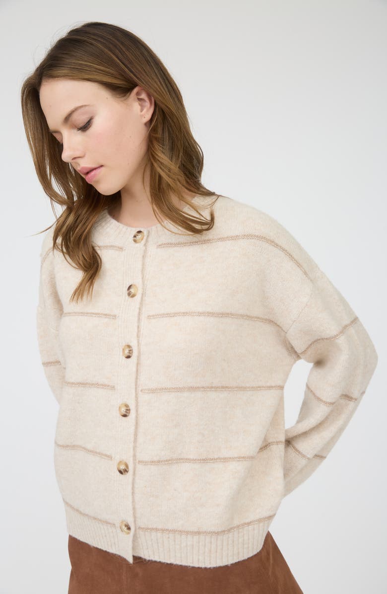 Blu Pepper Stripe Crewneck Cardigan, Alternate, color, Oatmeal