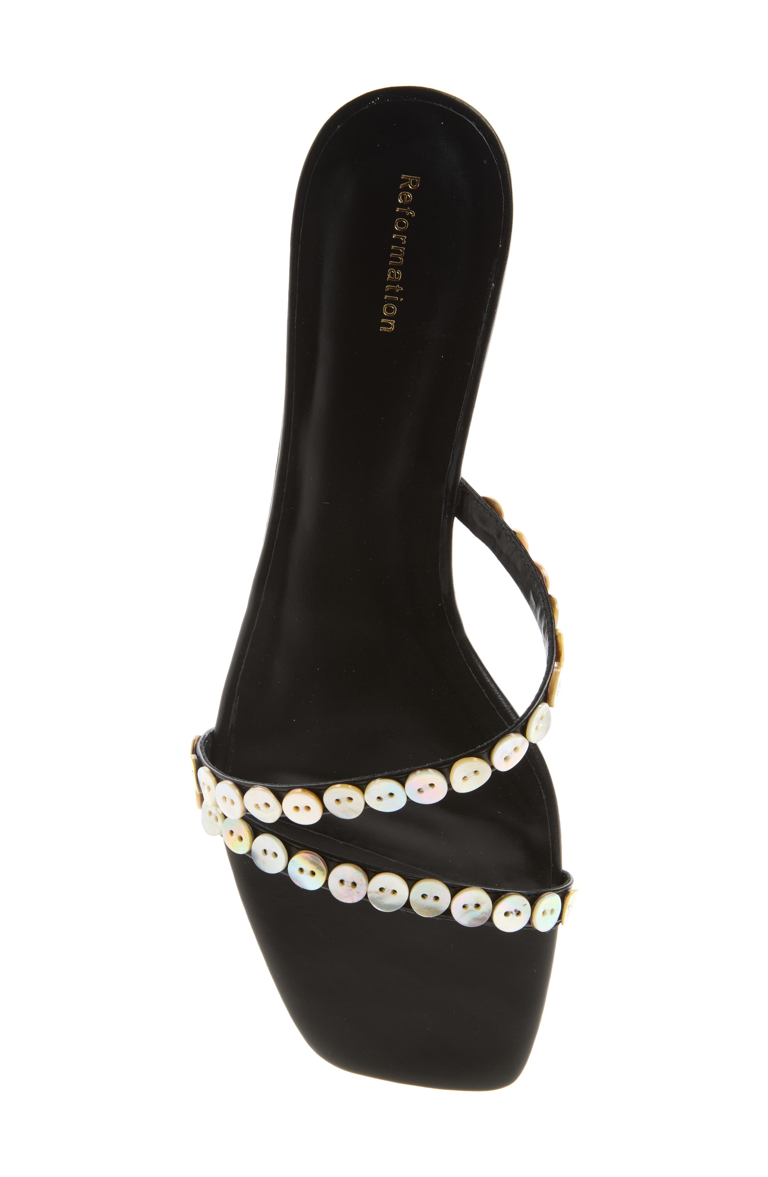 Reformation Shoshana Slide Sandal, Alternate, color, Black Leather Shell Buttons